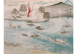 江戸時代の筏流しのようす （※福井市郷土資料館）