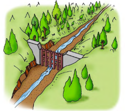 透過型砂防堰堤を設けた川のイラスト