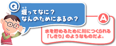 Q／堰ってなに？なんのためにあるの？A／水を貯めるために川につくられる「しきり」のようなものだよ。