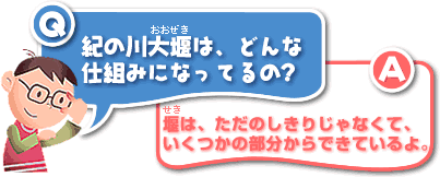 Q／紀の川大堰は、どんな仕組みになっているの？A／堰は、ただのしきりじゃなくて、いくつかの部分からできているよ。