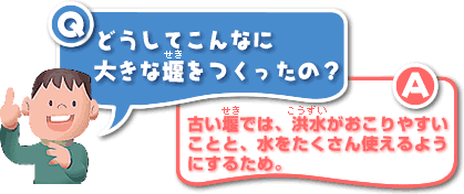 Q／どうしてこんなに大きな堰をつくったの？A／古い堰では、洪水がおこりやすいことと、水をたくさん使えるようにするため。