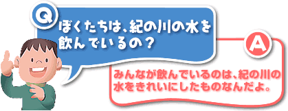 Q／ぼくたちは、紀の川の水を飲んでいるの？A／みんなが飲んでいるのは、紀の川の水をきれいにしたものなんだよ。